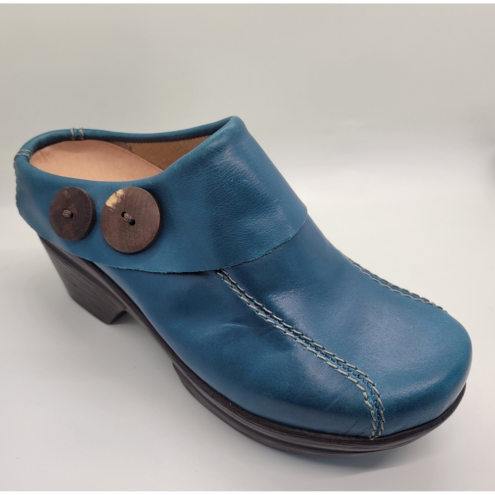 Sanita Teal Blue Leather Mule Clogs Women EU 37 US 6.5-7 Comfort Button 70s 90s - Picture 4 of 16